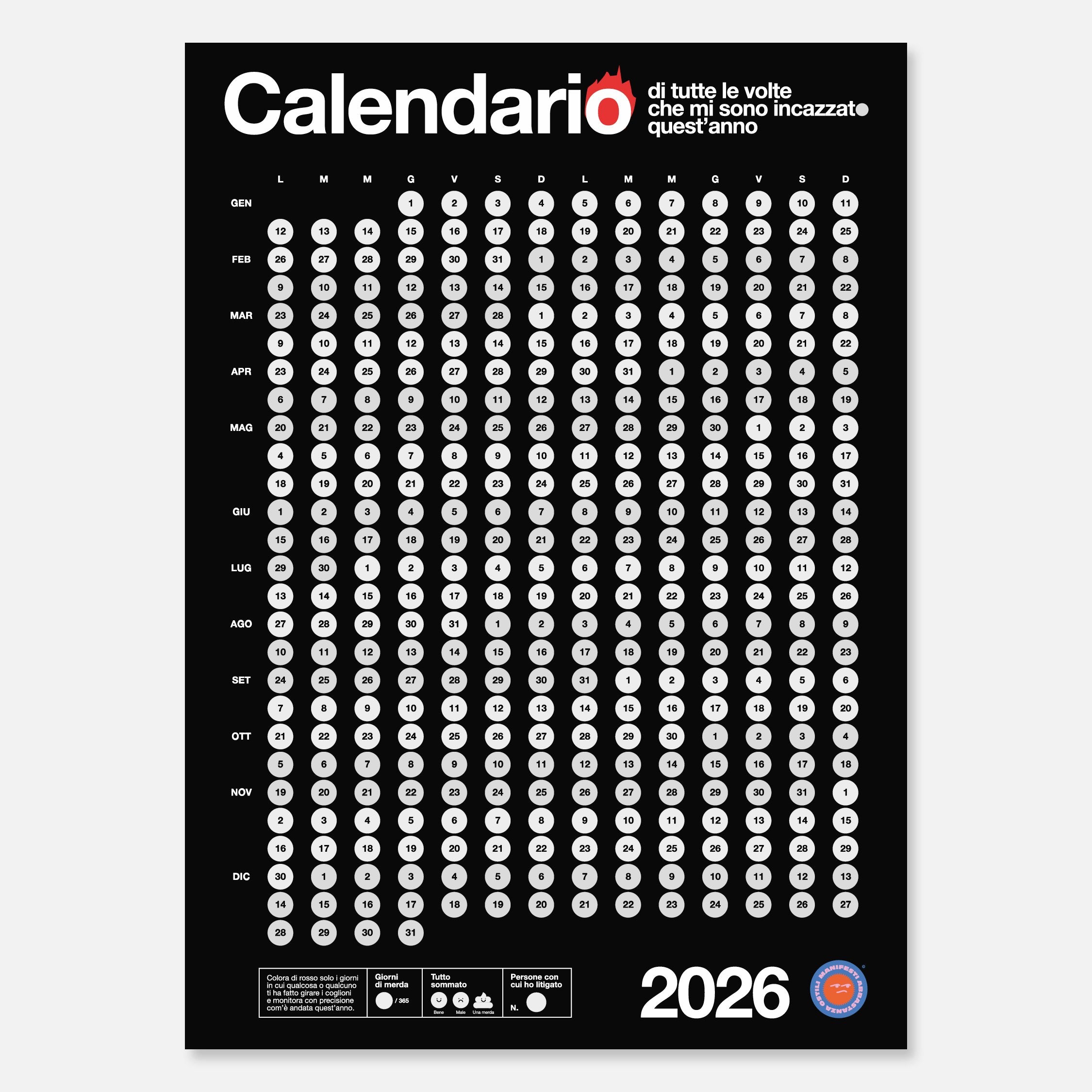 Calendario di tutte le volte che mi sono incazzato/a - NERO