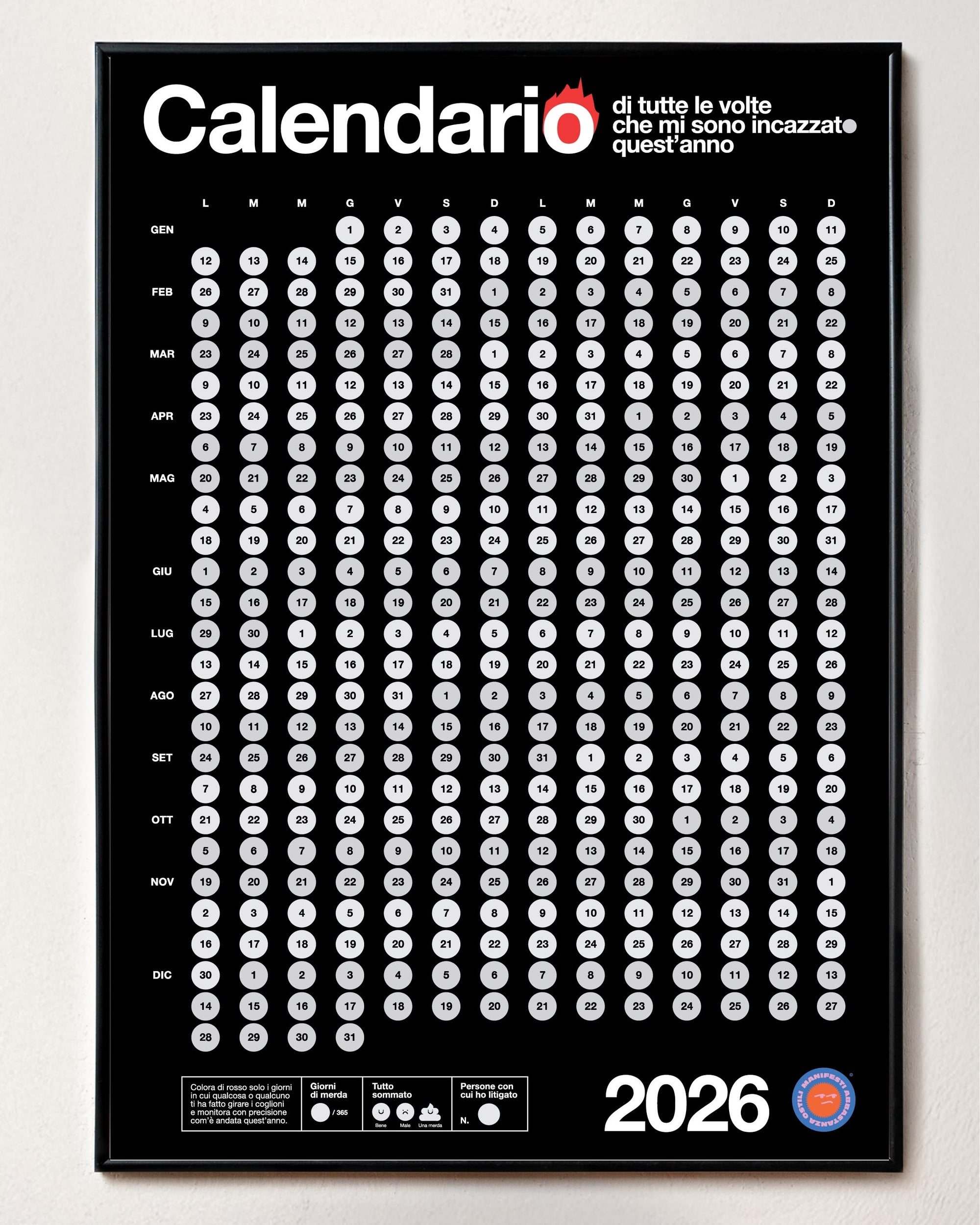 Calendario di tutte le volte che mi sono incazzato/a - NERO