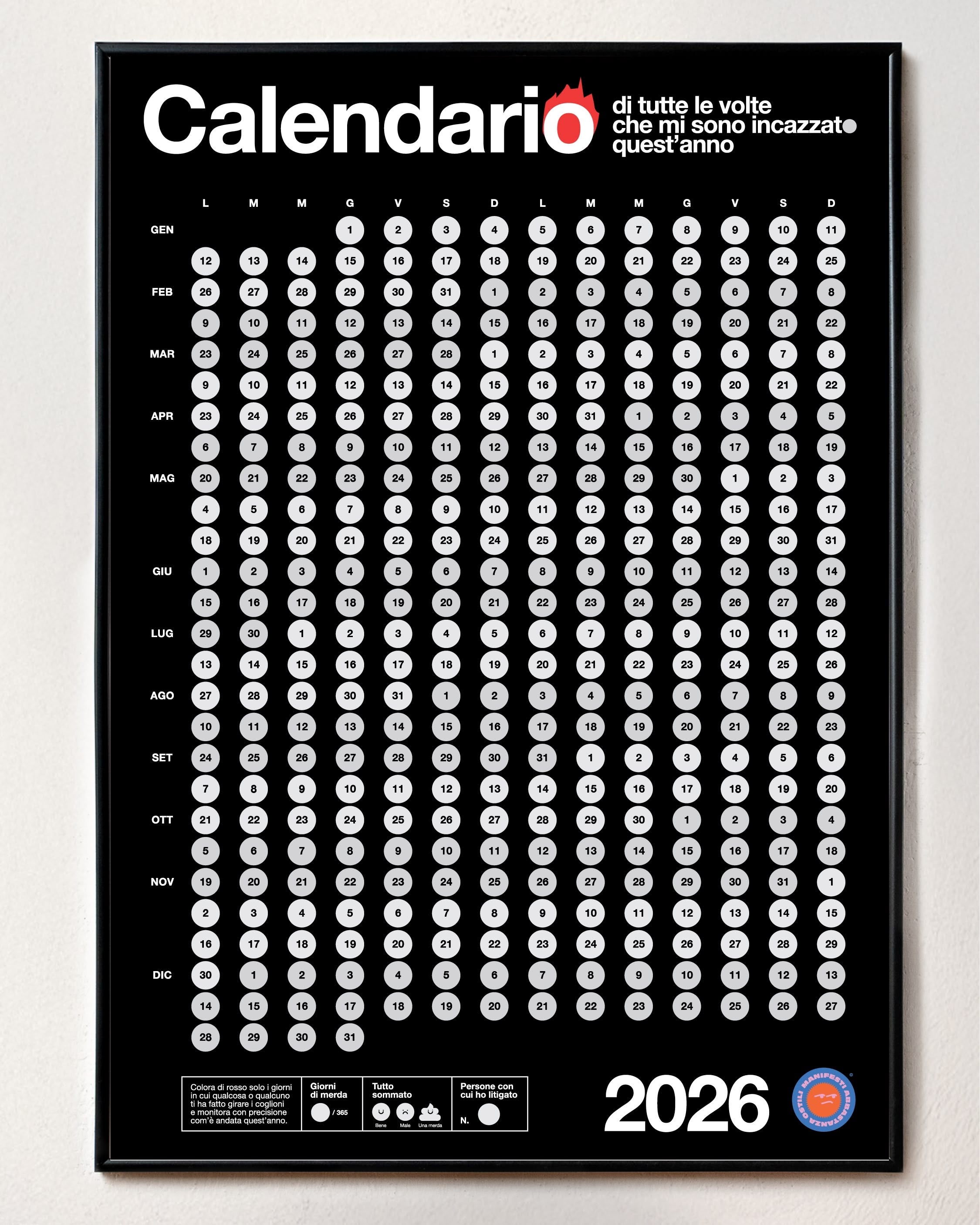 Calendario di tutte le volte che mi sono incazzato/a - NERO