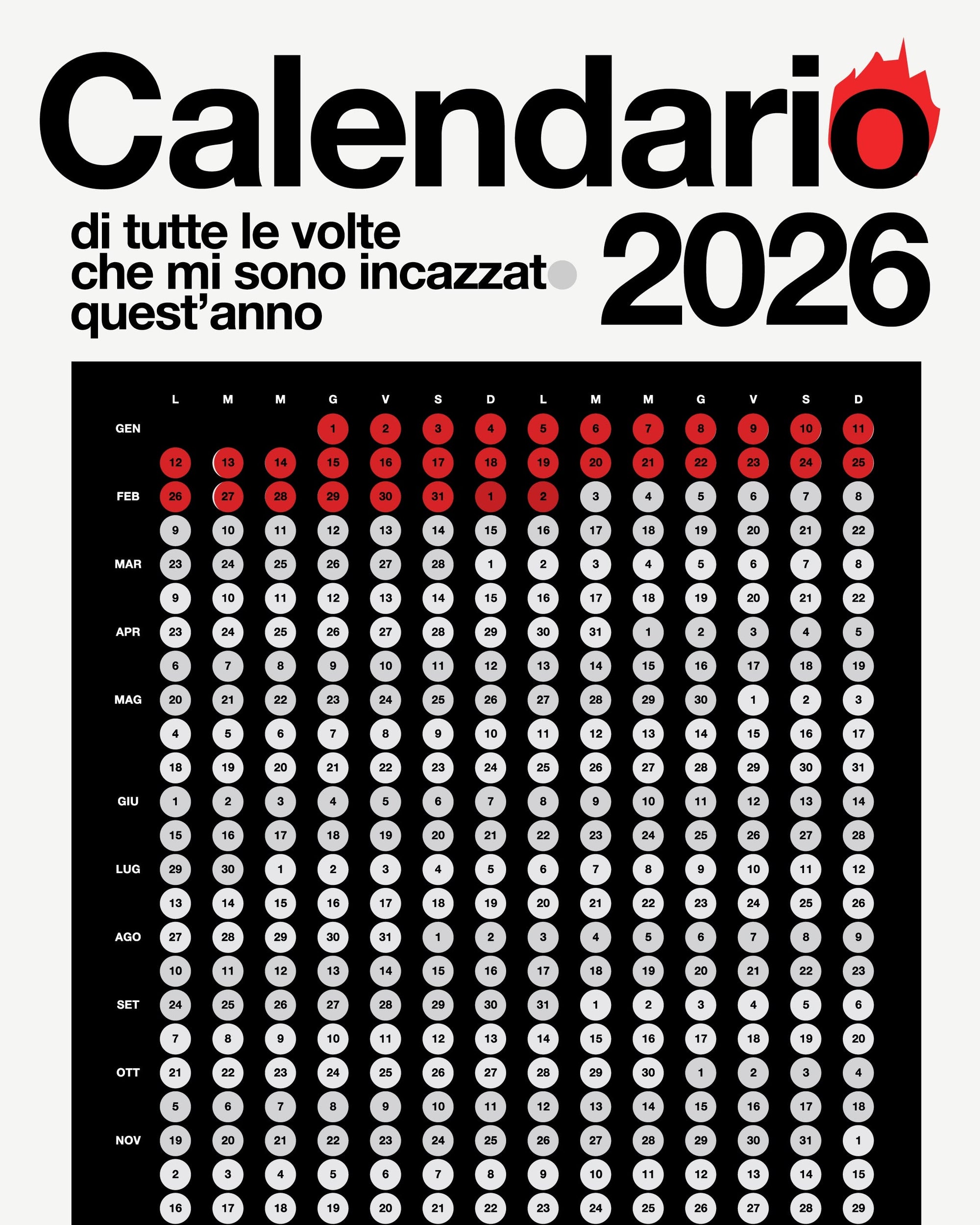 Calendario di tutte le volte che mi sono incazzato/a - NERO